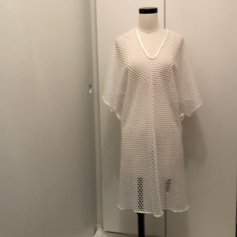 NEW WITH TAGS Long White Fishnet Kimono with Matching Shiny Trim Detail
